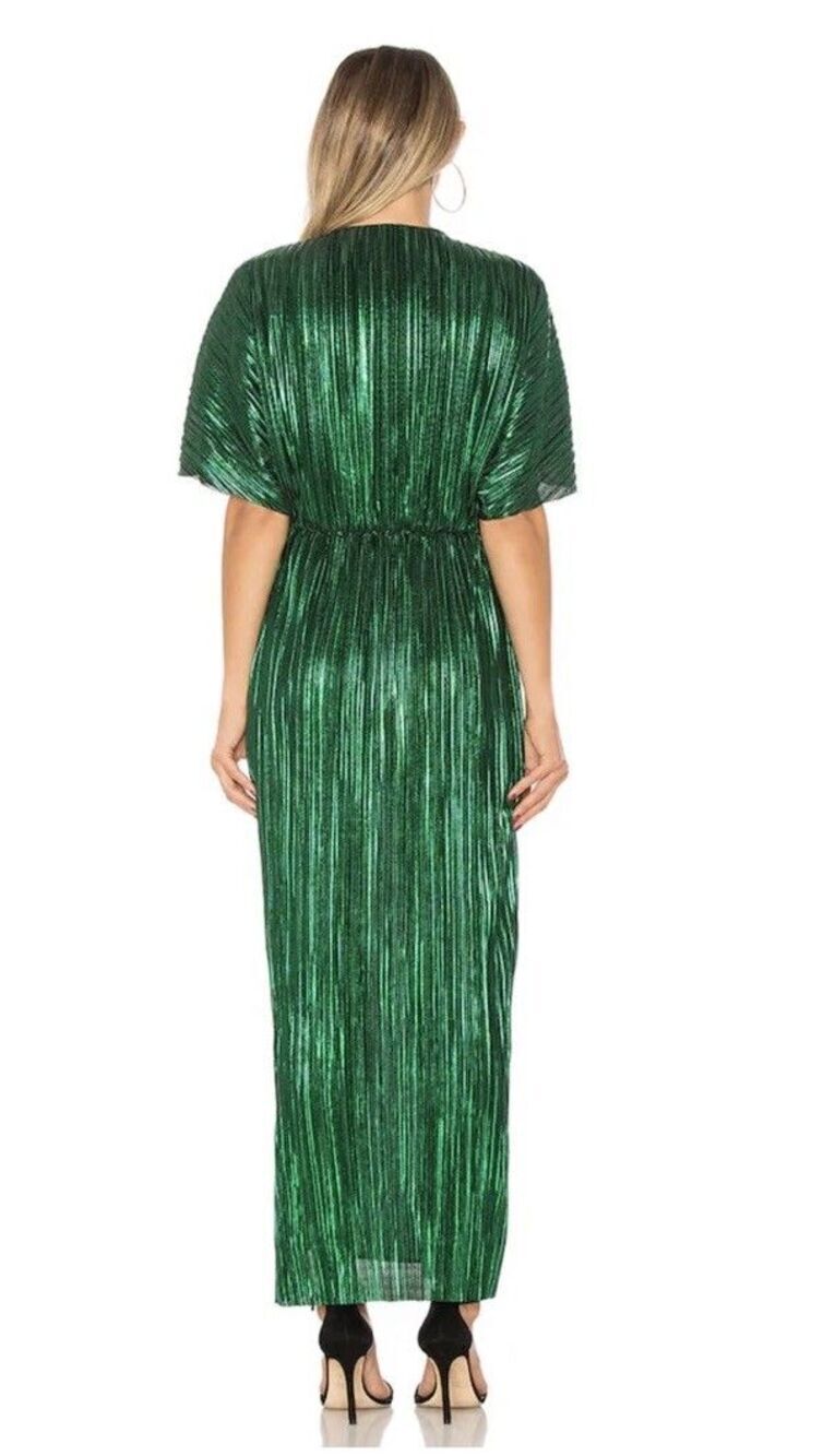 House of Harlow 1960 XS Emerald Green Metallic Pleated Maxi Dress Slit Glam NWT - Picture 2 of 8